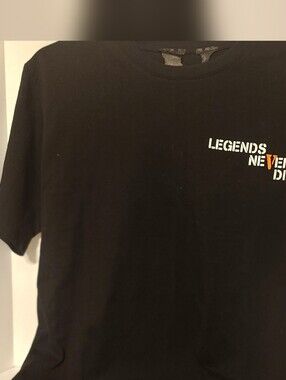 VLONE Black Tee with White and Orange "Legends Never Die" Print